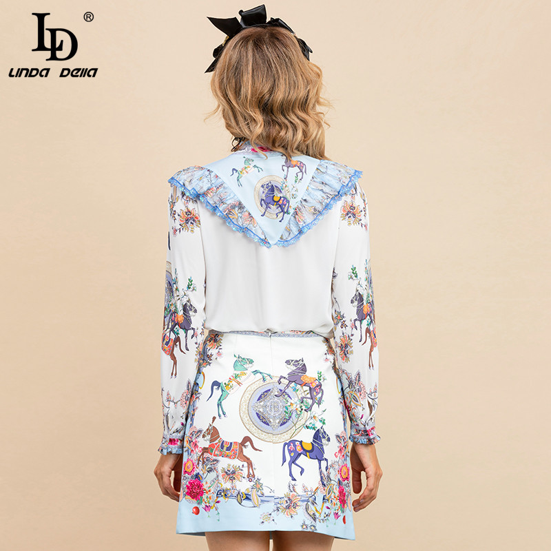 Autumn Fashion Runway Skirt Suit Women Ruffle Long sleeve Print Shirt and Slim Mini 2 Two Piece Sets 210522