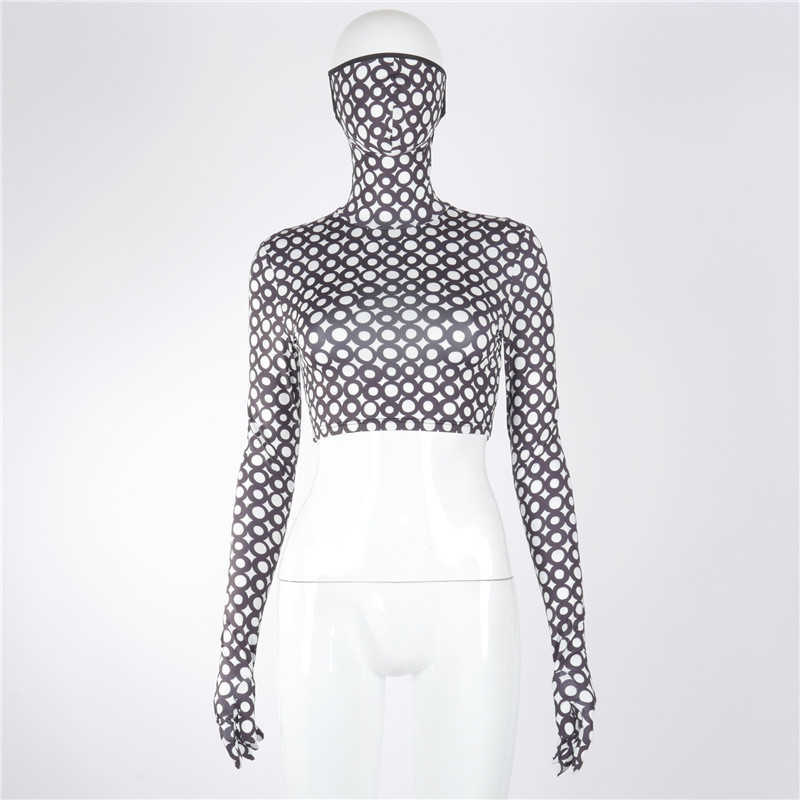 High Street Sexy Turleneck With Gloves Crop Top For Women Skinny Sexy Print Spring Short T Shirts Tees Tops Female Blusas 210625wtt