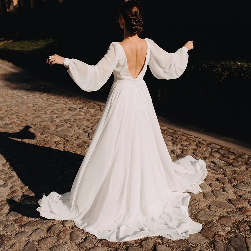 Beach Boho Wedding Dresses Bride Gown Long Sleeves Chiffon Sexy Deep V Neck Sweep Train Custom Made Plus Size Vestidos De Noviacountry estidos