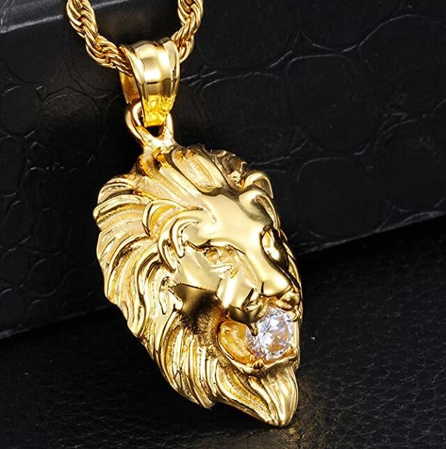 Gold Mens Necklace Lion Pendant Necklace Stainless Steel Shiny CZ Diamonds Comes with Rope Chain 22 INCH