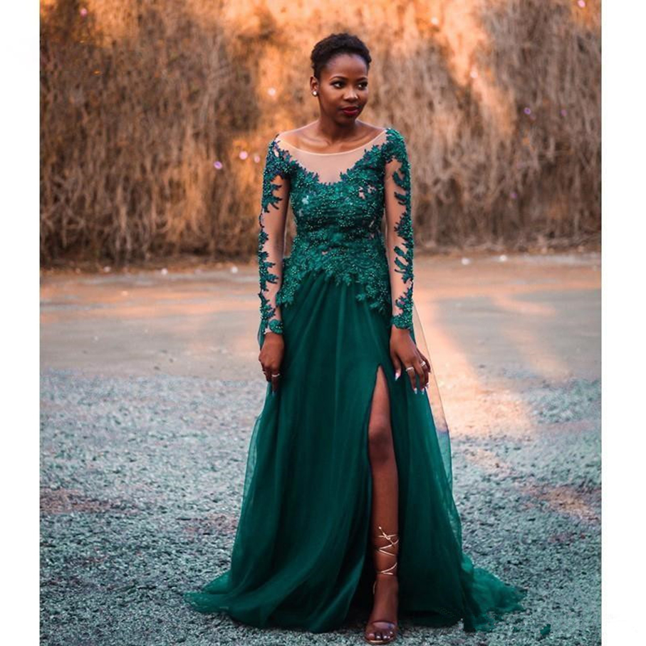 Emerald Green Tulle Formal Prom Dresses 2021 Long A-Line African Evening Gowns Long Sleve Appliques Beaded Leg Slit Dinner Gown
