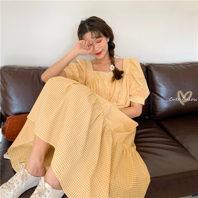 Fashion Vintage Dresses Woman Summer Puff Sleeve Cute Sweet Korea Elegant Square Collar Plaid Casual Party Dress 210518