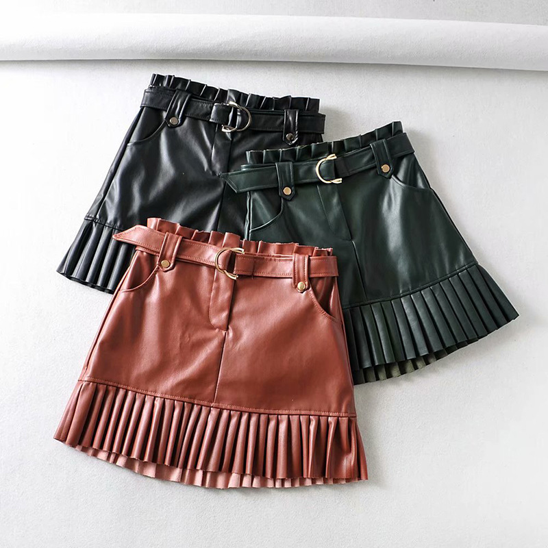 Women Skirt High Waist Pleated Black Pu Leather Plus Size All Match Short Summer s Clothes Fashion 210513