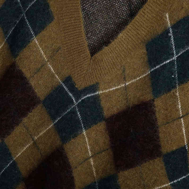 Vintage Women Loose Argyle Knitted Sleeveless Sweater Chic Ladies Autumn Soft Oversized Vest Female Casual V Neck Tops 210515