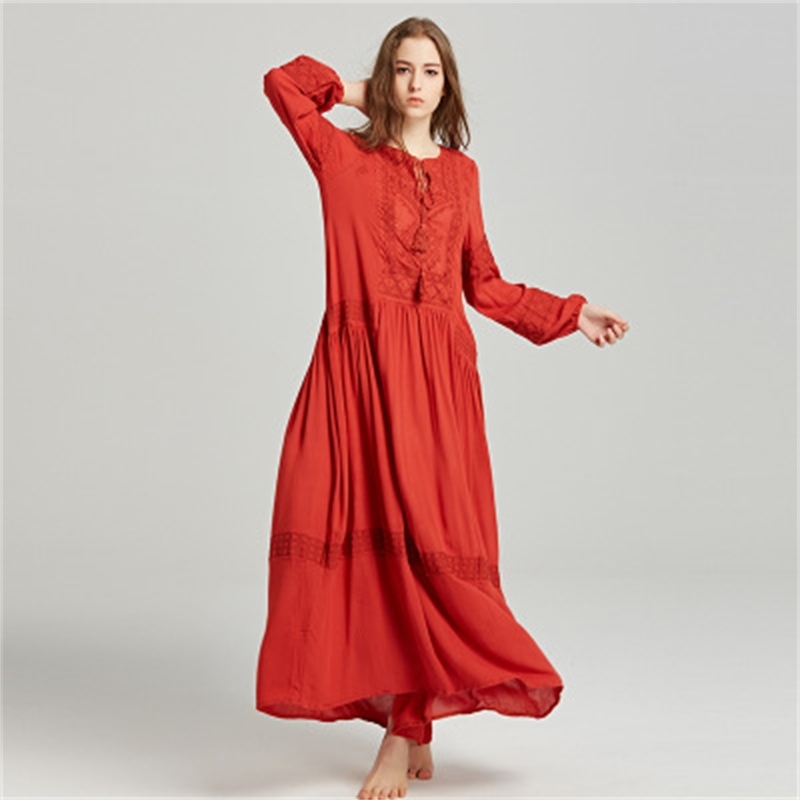 TEELYNN long sleeve maxi dresses women tunic cover up red floral embroidery v neck tassel long dress Casual loose boho vestidos 210706