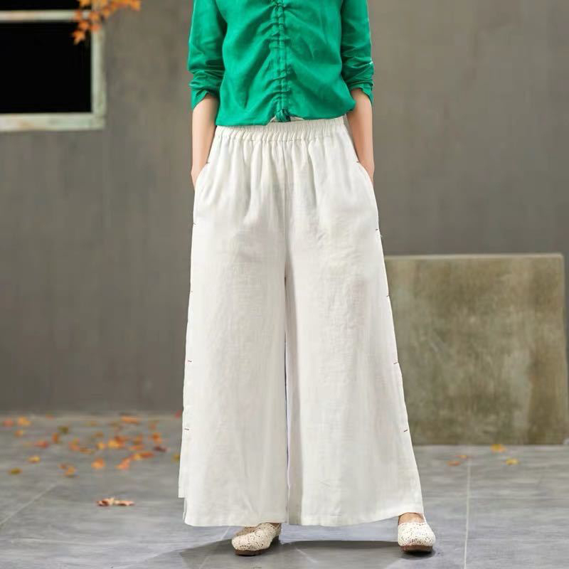 Summer Arts Style Women Elastic Waist cotton linen Wide Leg Pants Vintage Solid Loose Femme Trousers Plus Size S786 210512