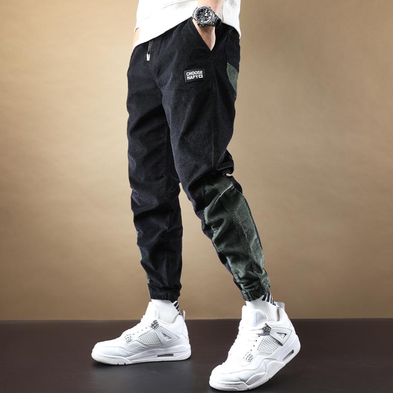 Corduroy Pants Men Fashion Patchwork Loose Joggers Black Elastic Waist Drawstring Trousers Men's