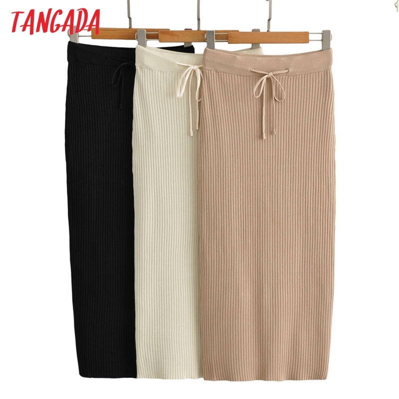 Women Elegant Knit Midi Skirt Faldas Mujer Vintage Strethy Waist Ladies Chic Mid Calf Skirts AI45 210416