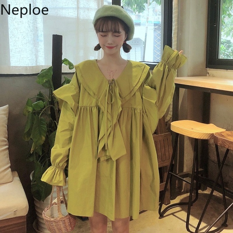 Neploe Women's Dress Ruffled Peter Pan Collar Loose Sweet Vestidos Spring Korean Style Temperament Plus Size Ruched Dresses 210422