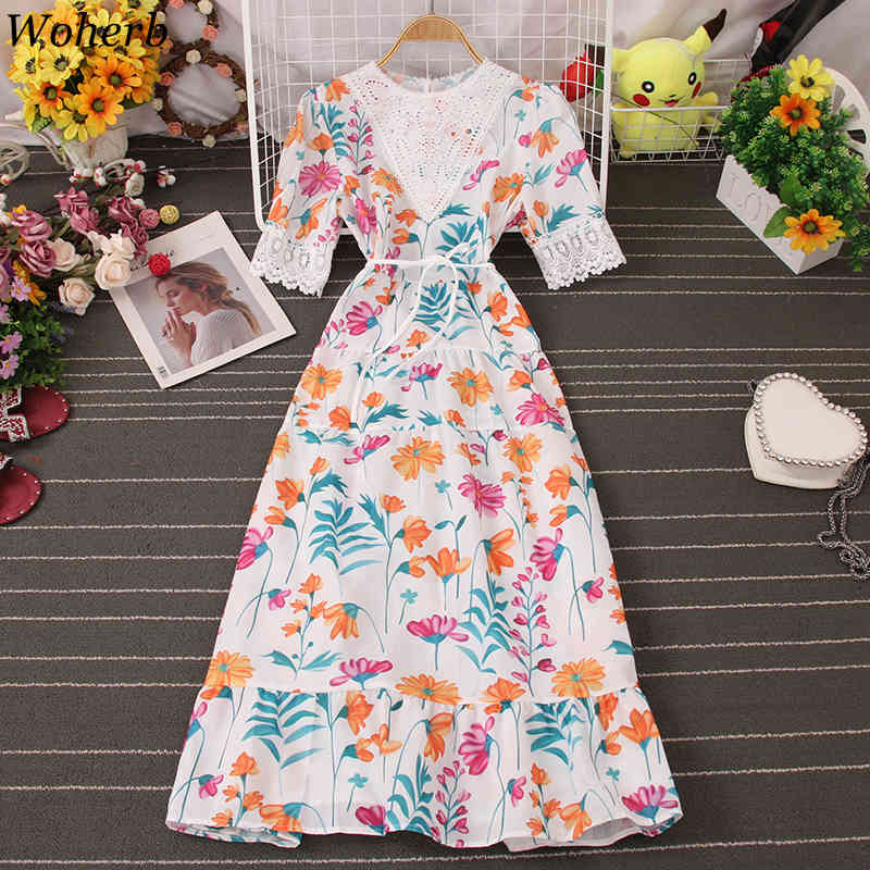 Women Beach Dress Summer Sexy Lace Hollow Out Vintage Floral Printed Dresses Woman Ruffle Long Robe Korean Chic 210519