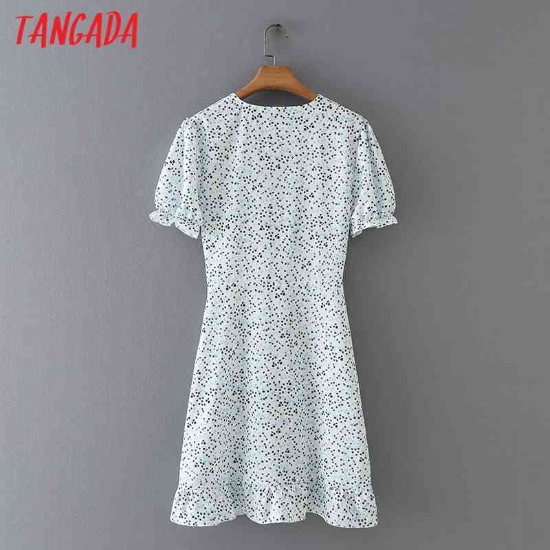 Summer Women Floal Print Side Buttons Ruffles V Neck Short Sleeve Ladies Mini Dress Vestidos 2M143 210416