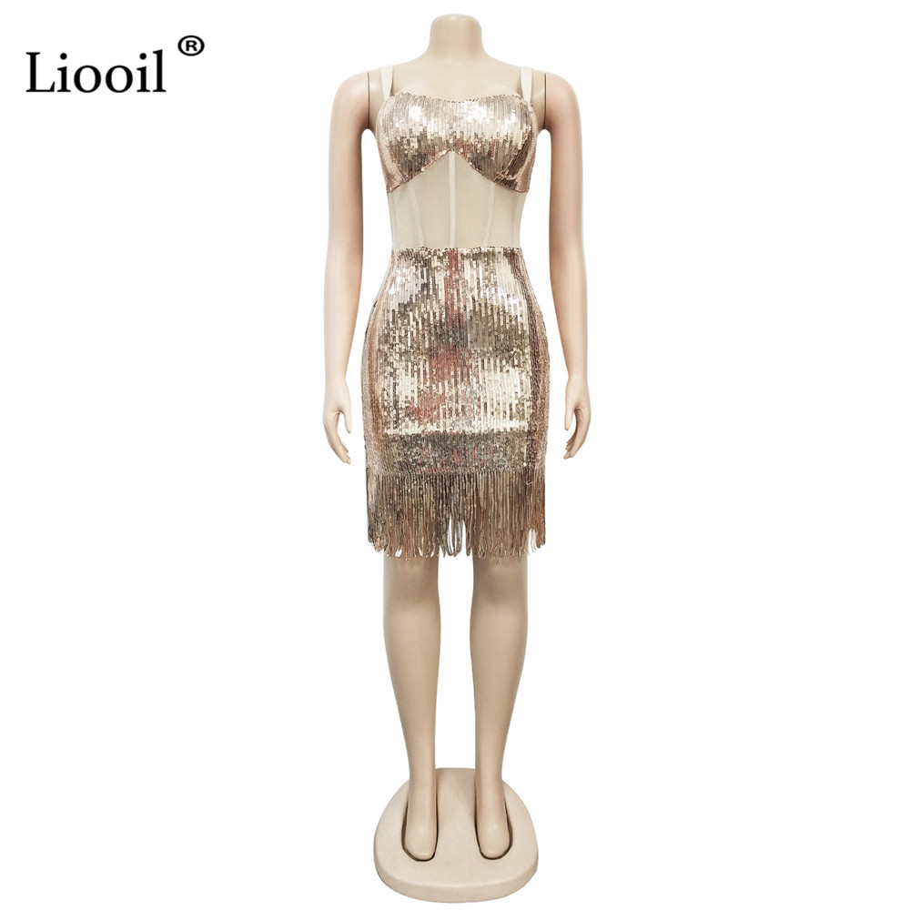 Liooil Gold Black Sequin Mesh Sheer Sexy Bosycon Midi Dress With Tassel Sleeveless Strapless Night Club Party Women Dresses 210409