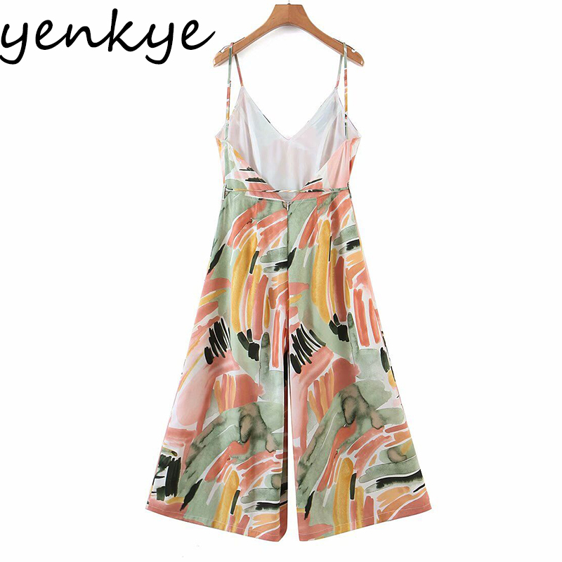 Sexy Backless Multicolor Print Jumpsuit Women V Neck Sleeveless Sashes Holiday Boho Romper Summer Long Loose monos mujer 210430