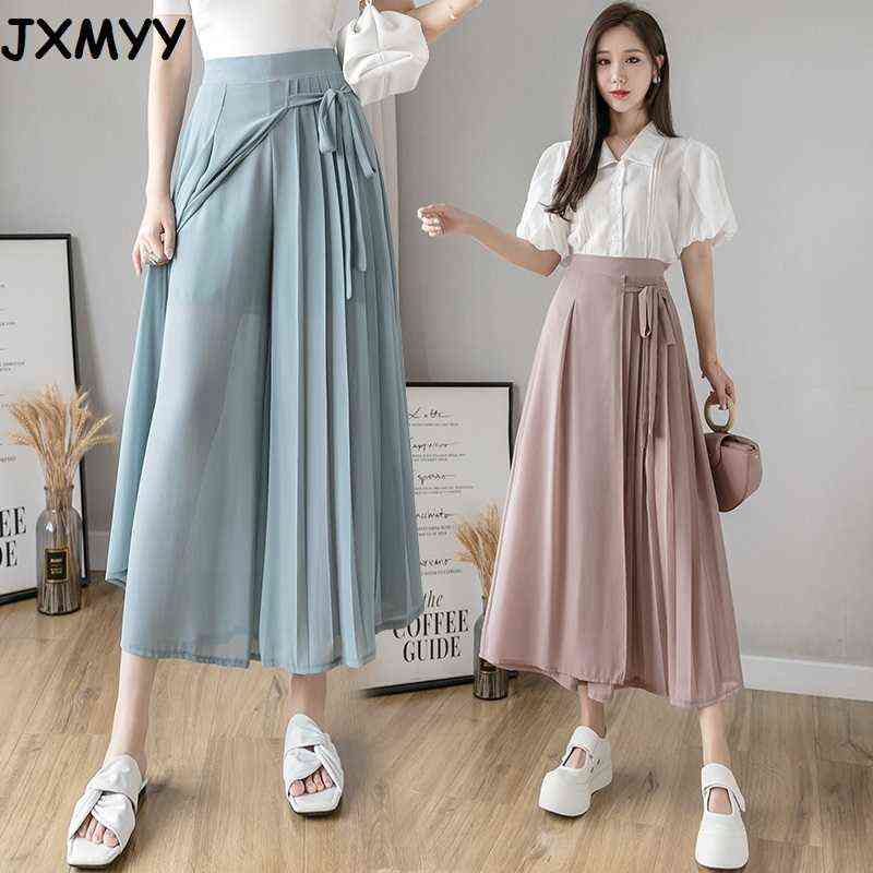 Spring And Summer Style Korean Pleated Chiffon Trousers Large Size Elastic Waist Casual Pants Hakama Woman 211115