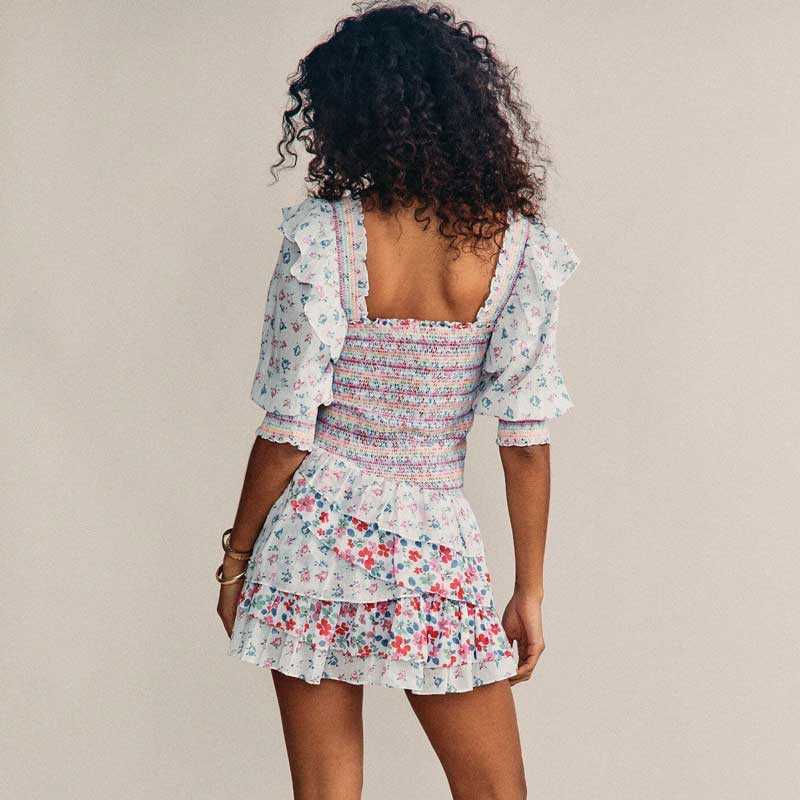 Boho Inspired mixed floral prints ruffled party dress puff sleeve square neck smocked sexy laides mini chic summer 210623