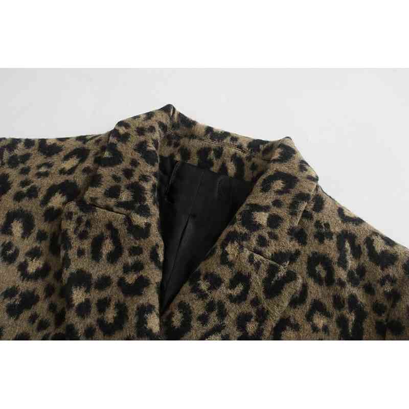 Winter Coffee Animal Leopard Pattern Elegant Woolen Blends Coat Notched Collar Long Sleeve Mid OL Blazer Outerwear 210429