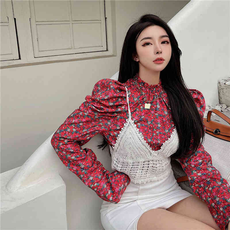 Nomikuma Spring New Women Two Piece Sets Vintage Stand Neck Puff Sleeve Pullover Blusas + Hook Hollow-out Sling Vest 6D915 210427