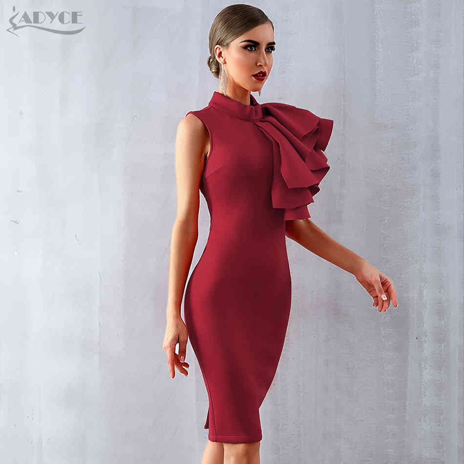 Summer Women Wine Red Celebrity Evening Runway Party Dress Sexy Sleeveless Ruffles Bodycon Midi Night Club 210423