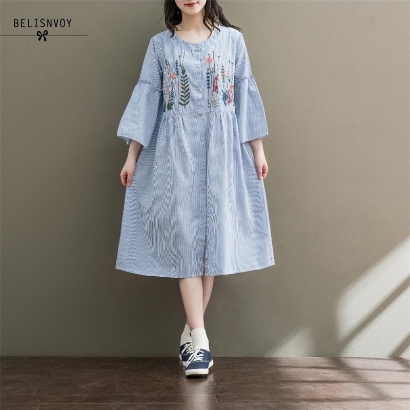 Women Dresses Spring Summer Loose Plus Size Three Quarter Sleeve Cotton Linen Striped Embroidery Female 210520, Sky blue
Women Dresses Spring Summer Loose Plus Size Three Quarter Sleeve Cotton Linen Striped Embroidery Female 210520, Sky blue