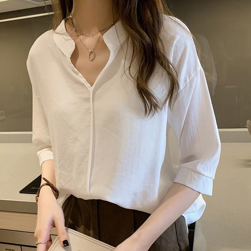 Solid Plus Size Loose Women Tops Casual V-neck Chiffon Blouses Blusas Mujer De Moda Elegant White Shirts 10240 210506