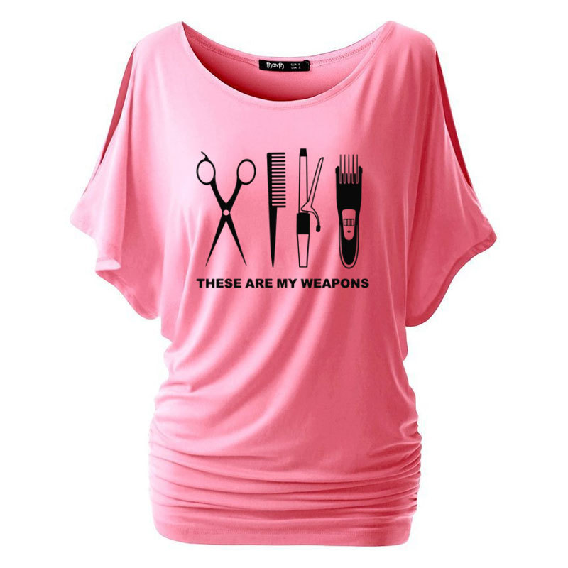 Summer Women Tshirt Hairdresser T Shirt Cool Printed Barber Weapons Woman Cotton Batwing Sleeve Scissors Girl Tops Tee Plus Size 210406