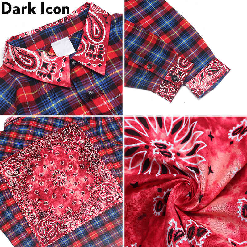 Dark Icon Bandana Plaid Street Shirt Men Long Sleeve Checkered Hip Hop Men's Shirts Streetwear Clothes 210410