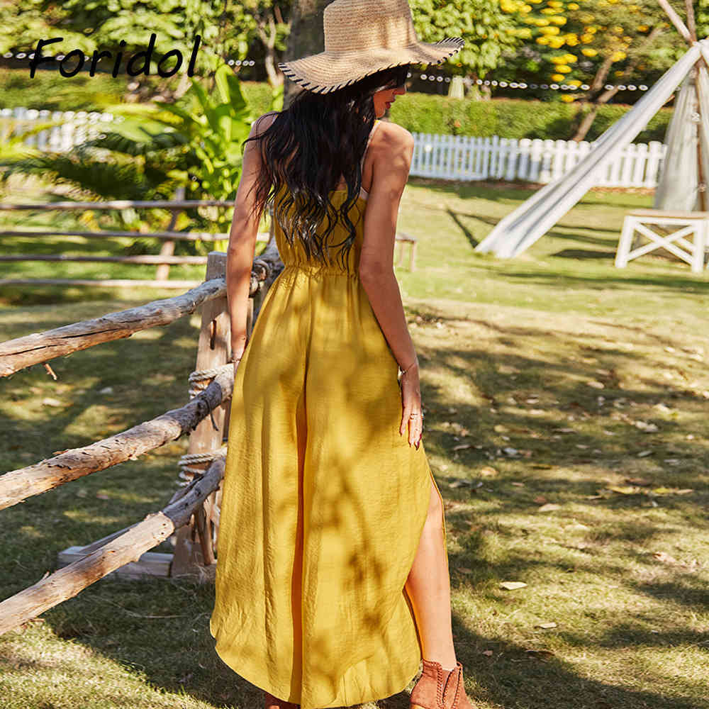 Foridol Drapped Neck Strap Wide Leg Loose Jumpsuits Romper Playsuits Women Summer Casual Beach Slit Yellow Cotton Overalls 210415