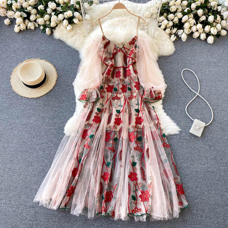 Casual Dresses Ladies Elegant Embroidered Women' Mesh Puff Sleeve Stitching Strapless Robe Vintage Floral Mixi Dress Female Vestidos, Red
Casual Dresses Ladies Elegant Embroidered Women' Mesh Puff Sleeve Stitching Strapless Robe Vintage Floral Mixi Dress Female Vestidos, Red