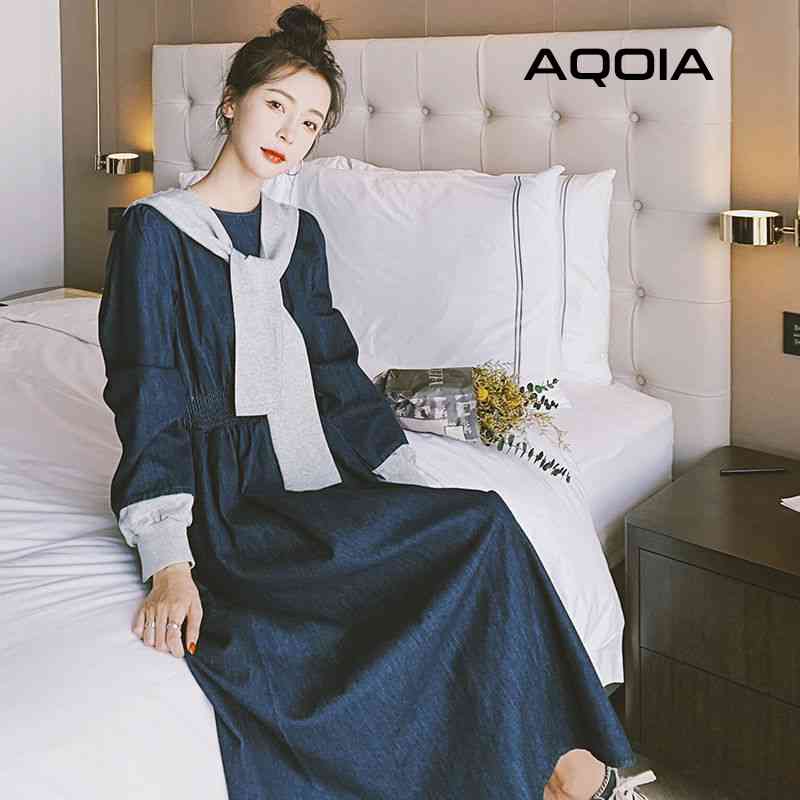 Spring Streetwear Denim Women Long Dress Sleeve Casual Shawl Empire Loose Plus Size Fashion Y2K Ladies Dresses 210521