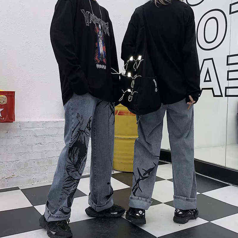 Aolamegs Jeans Men Casual Print Baggy Homme Korean Retro Wide Leg Anime Denim Pant Harajuku Hip Hop Trousers 211111