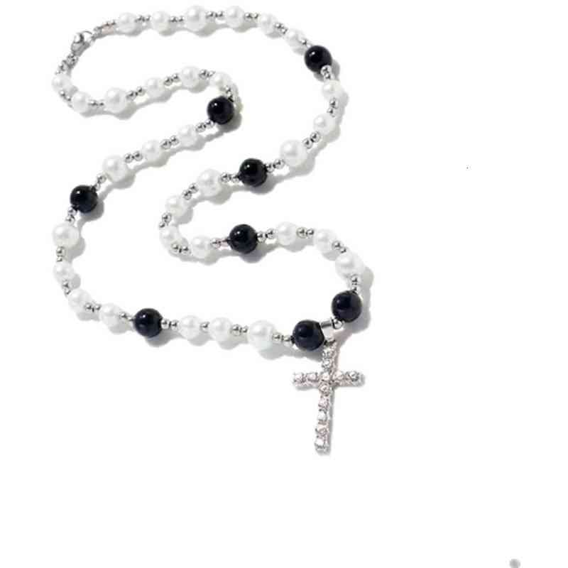 Master Hip Hop Pearl White Stone Cross Necklace Black and Pendant Neck Bone Chain Men Women