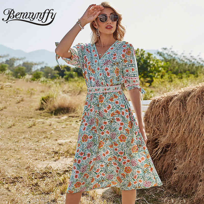 Surplice Neck Holiday Style Floral Print Midi Dresses Women Summer Casual High Waist Short Sleeve Female A-Line Dress 210510