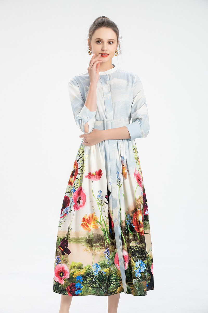 Women's Runway Dresses O Neck 3/4 Sleeves Printed Fashion Autumn Mid Calf Dress Vestidos