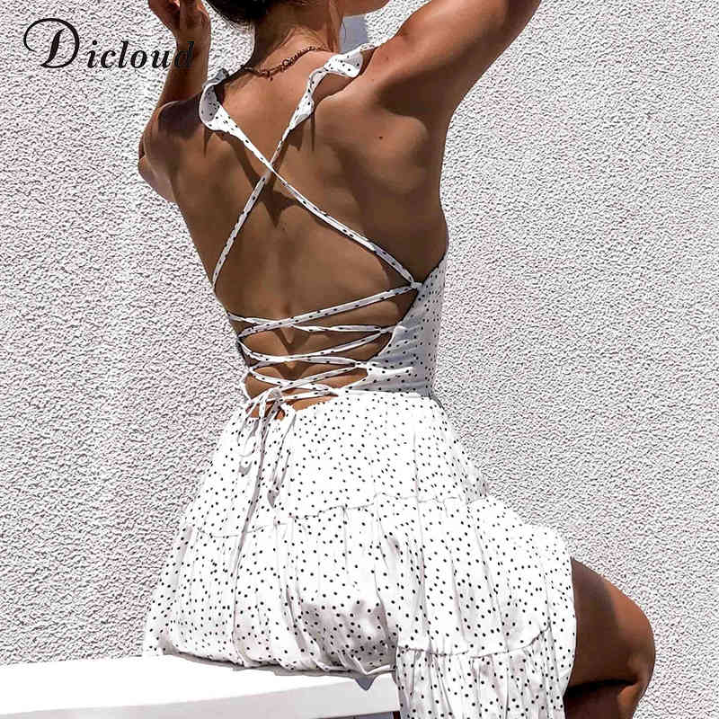 DICLOUD Polka Dot White Women's Summer Sundress Ruffle Backless Sexy Mini Party Dress Elegant Lace up Beach Clothes Female 210331