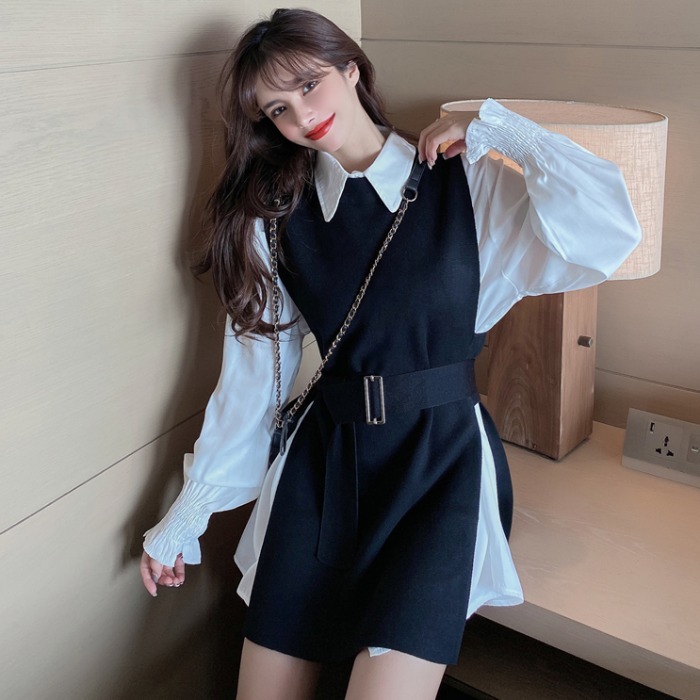 Nomikuma Women Elegant Two Pieces Sets Medium-long Blouse Shirt + Belst Slim Knitted Vest Korean Spring New Outfits 6E090 210427