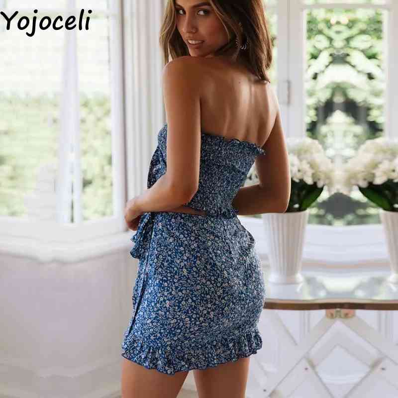 Yojoceli Sexy bow ruffle short dress women two piece set Summer elegant floral print beach dress Casual daily dress vestidos 210331