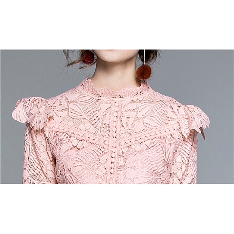 Fashion Runway Spring Pink Lace Dress Women's Stand Collar Long Sleeve Hollow Out Elegant Party Vestidos 210520