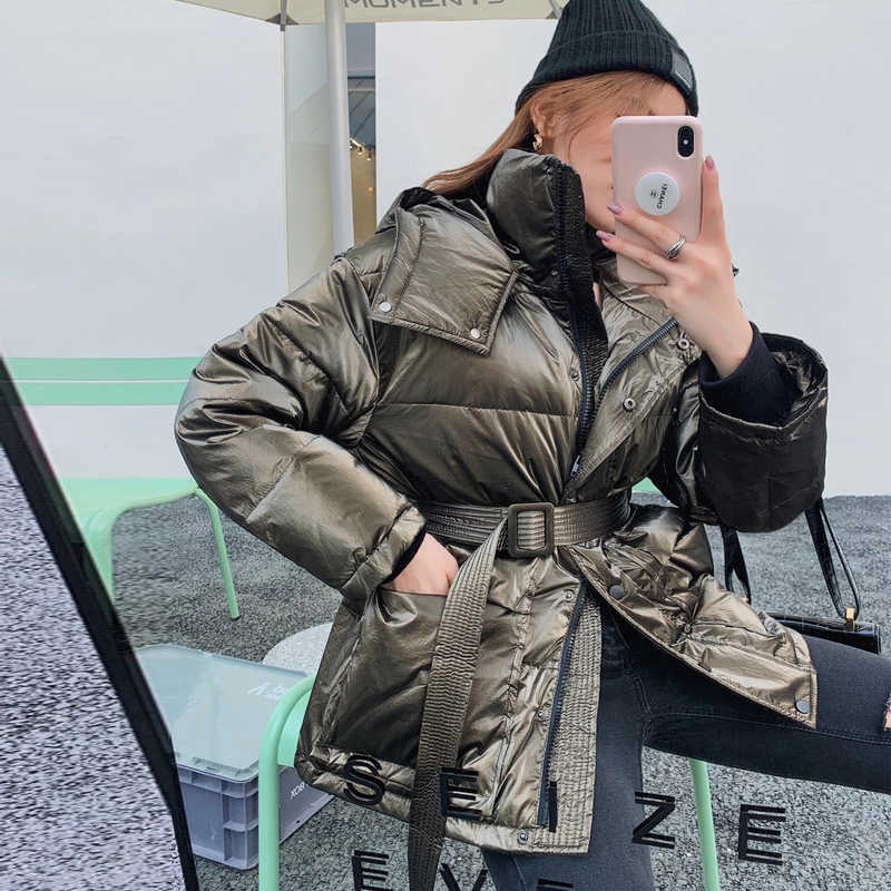 Janveny Glossy Shiny Down Jacket Women Winter 90% White Duck Coat Female Puffer Parkas Hooded Waterproof Snow Outwear 211018