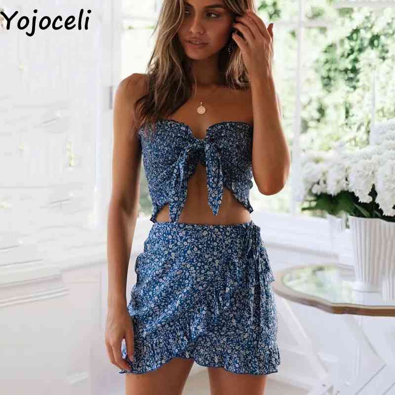 Yojoceli Sexy bow ruffle short dress women two piece set Summer elegant floral print beach dress Casual daily dress vestidos 210331