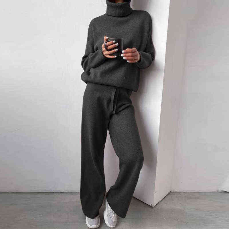 Warm Knitt Women Hoodie Sweatshirt Two Piece Set Autumn Pants Top 2PCS Outfits Female Solid Casual Sports Suits Sweatshirts 211116