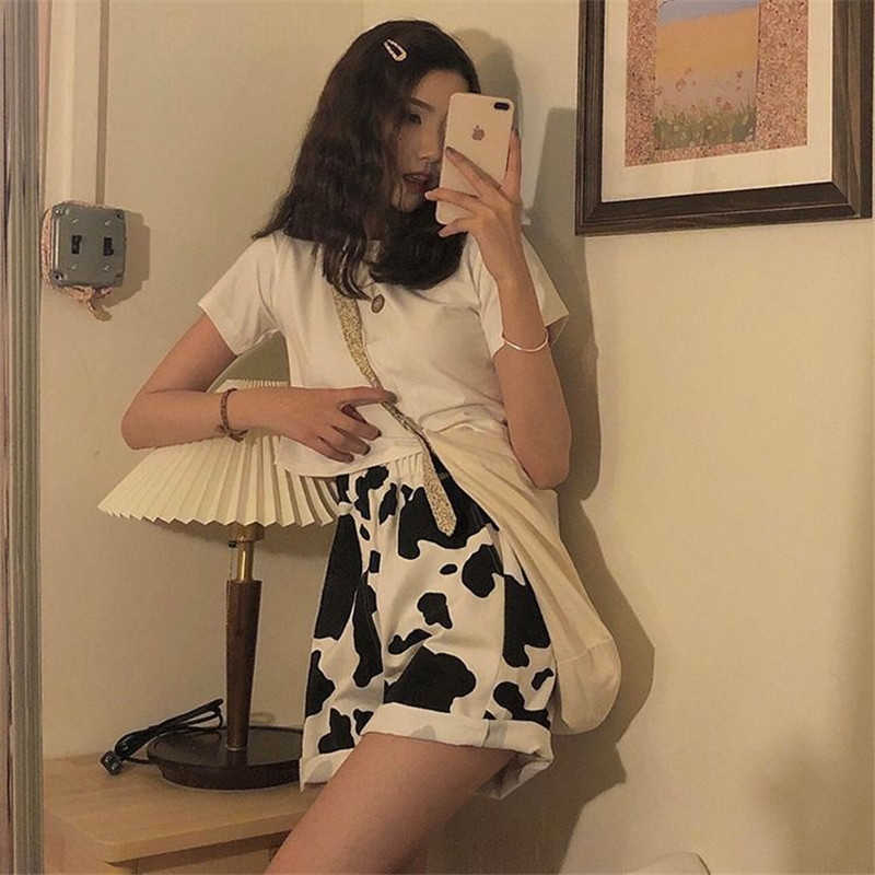 Harajuku Korean Style Streetwear Cow Print Sport Shorts Joggers Women Sweatpants Straight Elastic High Waist Wide Leg 210724