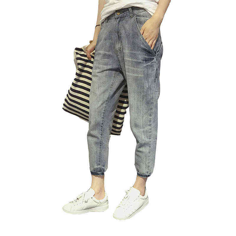 16023 Women's Jeans Spring Korean Style Loose Office Ladies Streetwear Solid Color Light Blue Elastic Bleach Scratch Denim Pants 211129