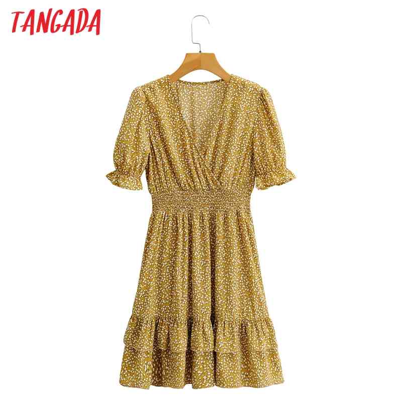 Summer Women Dots Print French Style V Neck Sleeve Ladies Short Dress Vestidos 1F61 210416