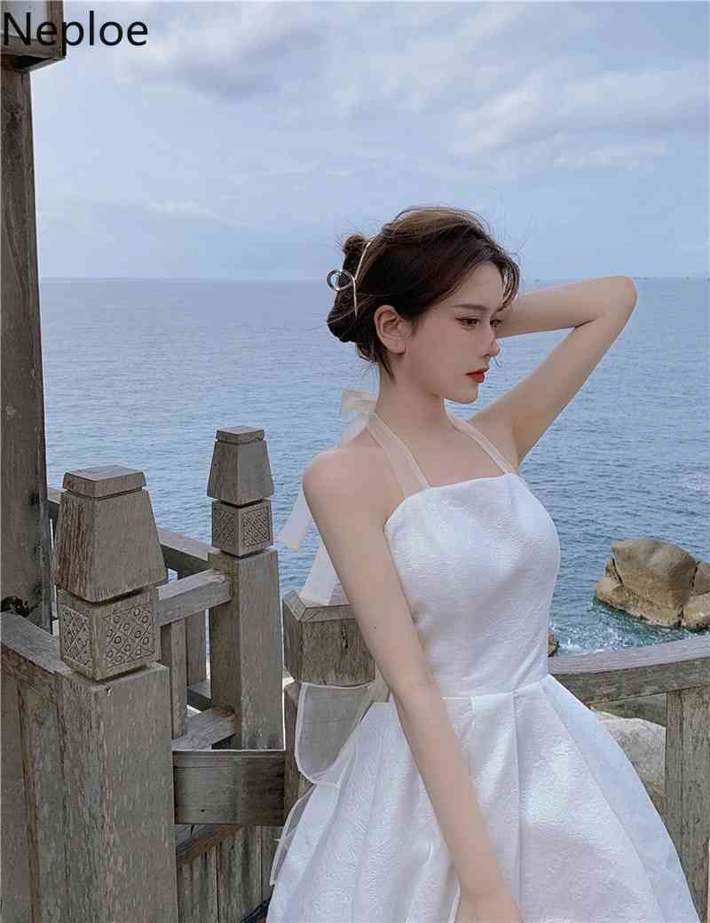 Neploe Party Dress Women Sweet Chic Princess Dresses Lace Up Halter Backless Vestidos Mujer Sexy Lady Summer Sweet White Robe 210422