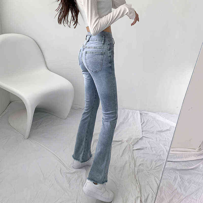 Jeans Women Solid Blue Sexy Slimhigh Waist Jean Simple Ladies Full Length Mom Cowboy Denim Flared Pants Mujer Autumn 211129
