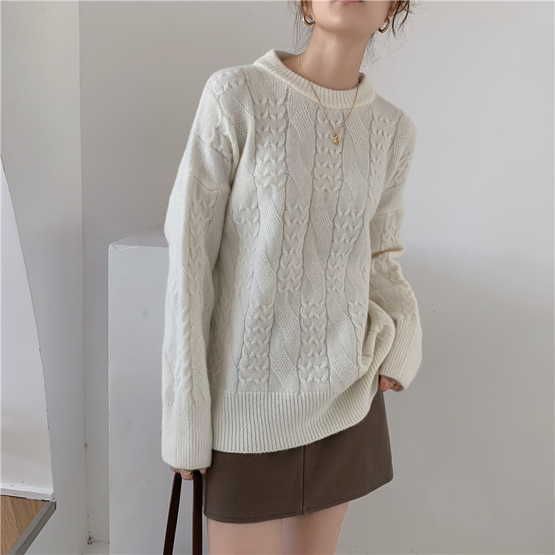 Twisted Knitted Women Sweater Pullover Full Sleeve O-neck Loose Solid Tops Korean Fashion Ladies Jumpers Femme 210514
