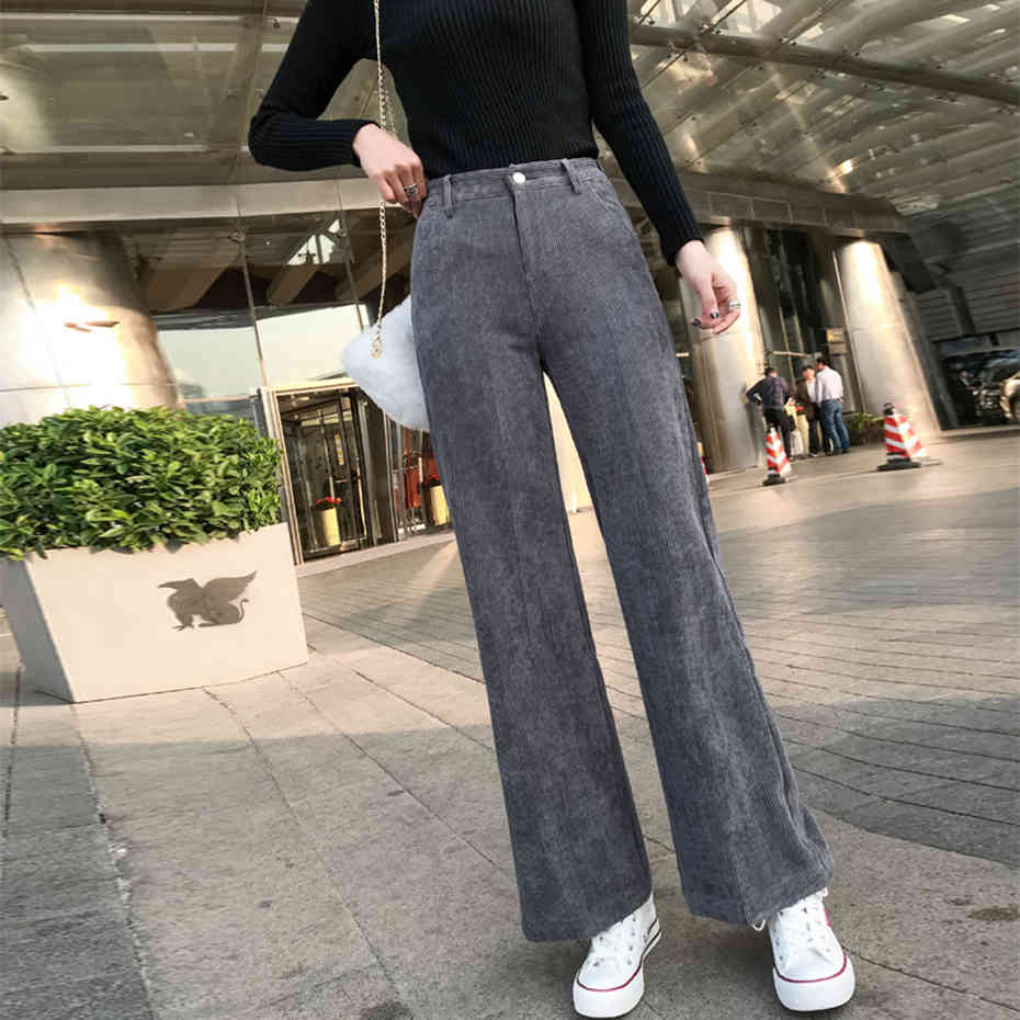 Corduroy Pants Wide Leg Elastic Waist Velvet Trouser Women Autumn Winter Plus Size Womens Pants Casual Pink Pants Black 210412