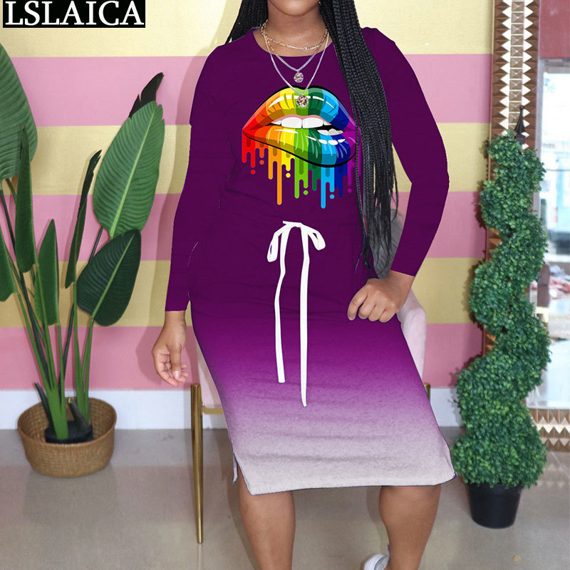 Plus Size Dresses for Women Print Casual Autumn Long Sleeve O Neck Drawstring Ladies Midi Dress Fashion Loose Ropa De Mujer 210520, Black