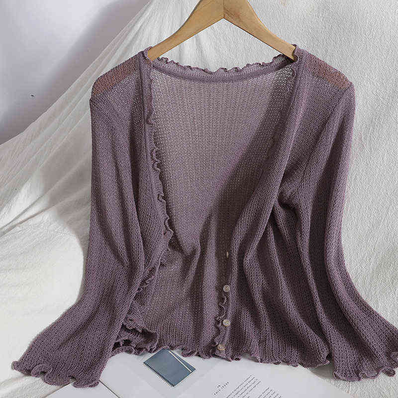 Summer wild casual knitted small cardigan for womens top jacket Korean Ruffles V-neck blouse cardigans hollow knit sweater women 211117