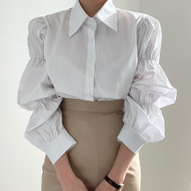 Spring Korean Fashion Women Shirts Solid Puff Sleeve Ins Retro Female Tops Loose All-match Turn-down Collar Blouses 210519